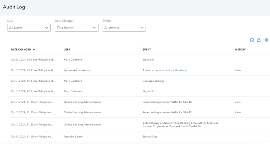 QuickBooks Online audit log showing details like user names and the dates when changes were made.