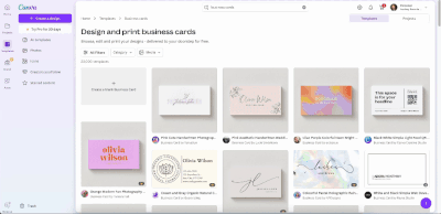 Canva's various business card templates.