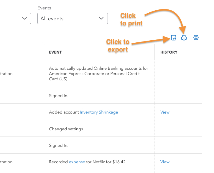 QuickBooks Online audit log highlighting the print and export buttons.