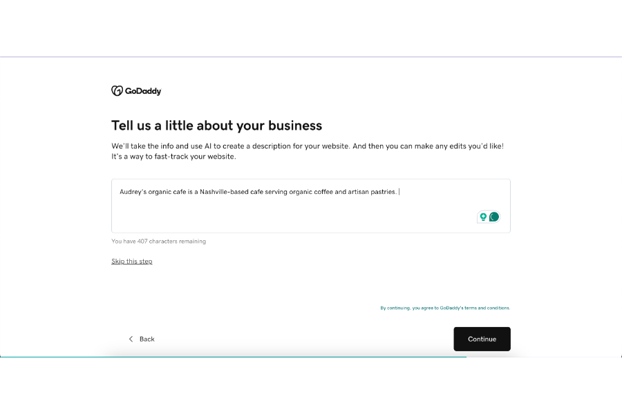 GoDaddy's prompt to add a short description about your business website.