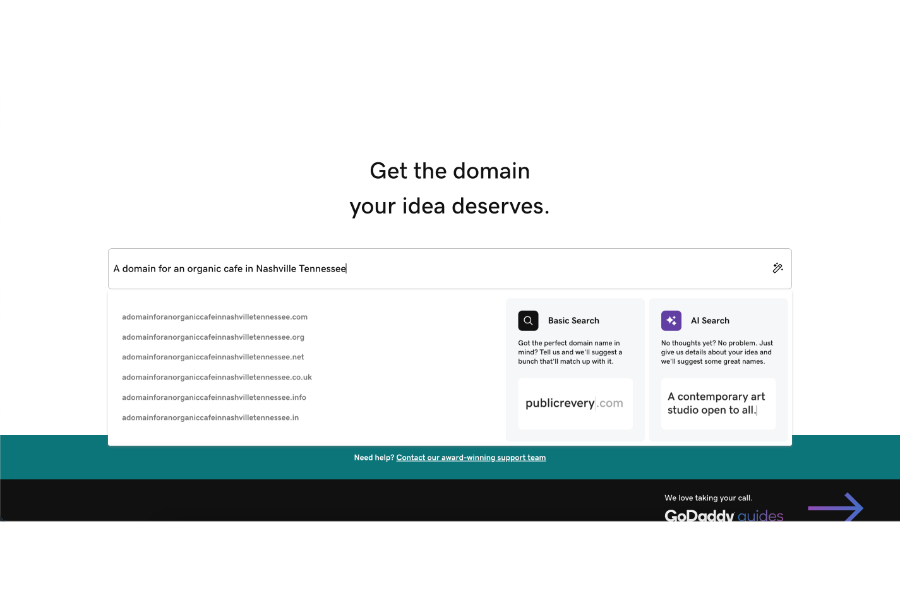 GoDaddy's AI domain name generator suggesting domains for an organic cafe business.