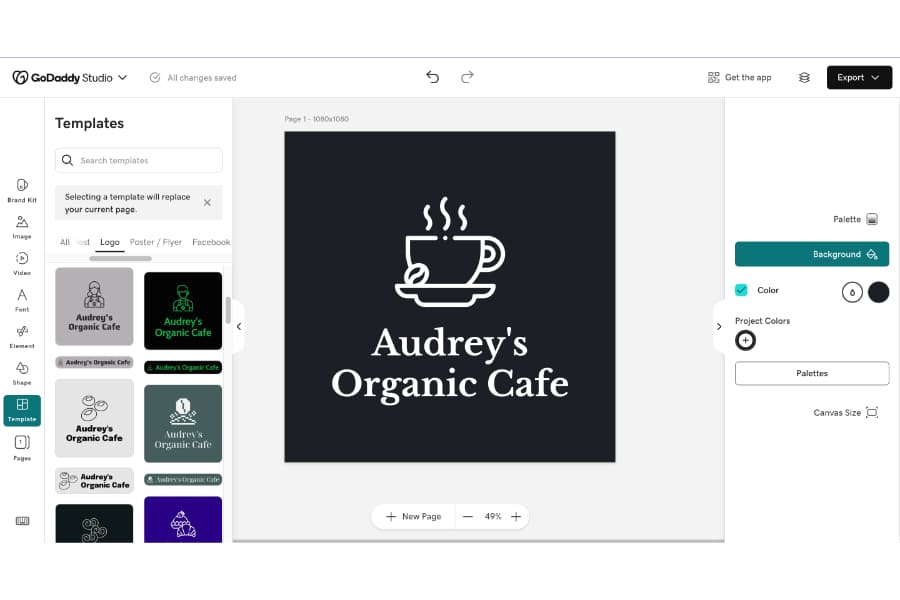 GoDaddy's AI logo generator generating a sample logo for an organic cafe business.