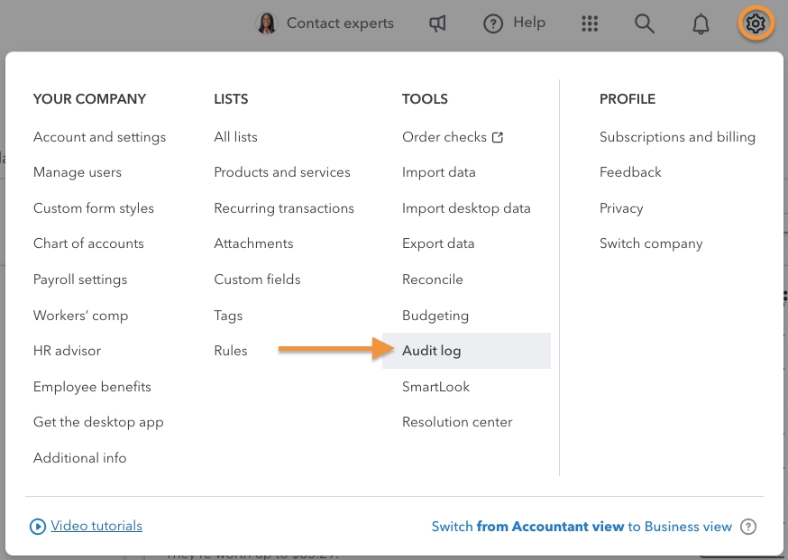 Screen showing how to navigate to the audit log in QuickBooks Online.