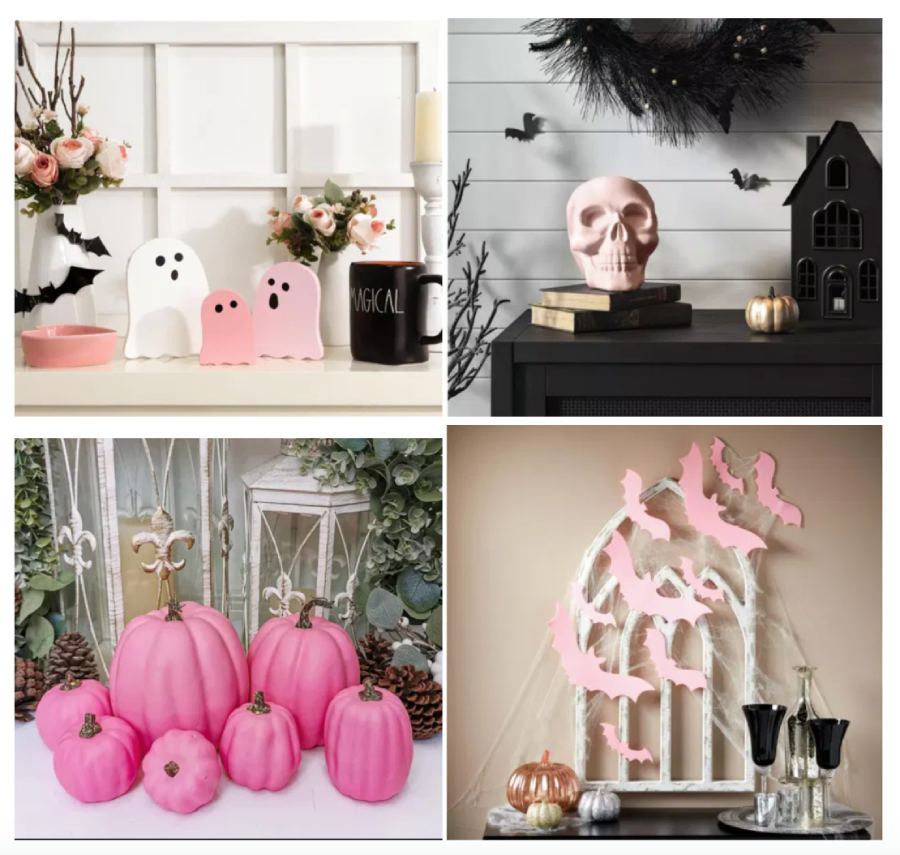 Halloween trend pinkoween pink white ghosts pink skull pink pumpkin pastel pink bats.