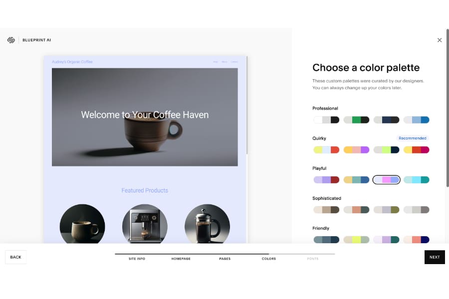 Squarespace's prompt to choose a color palette for your website.