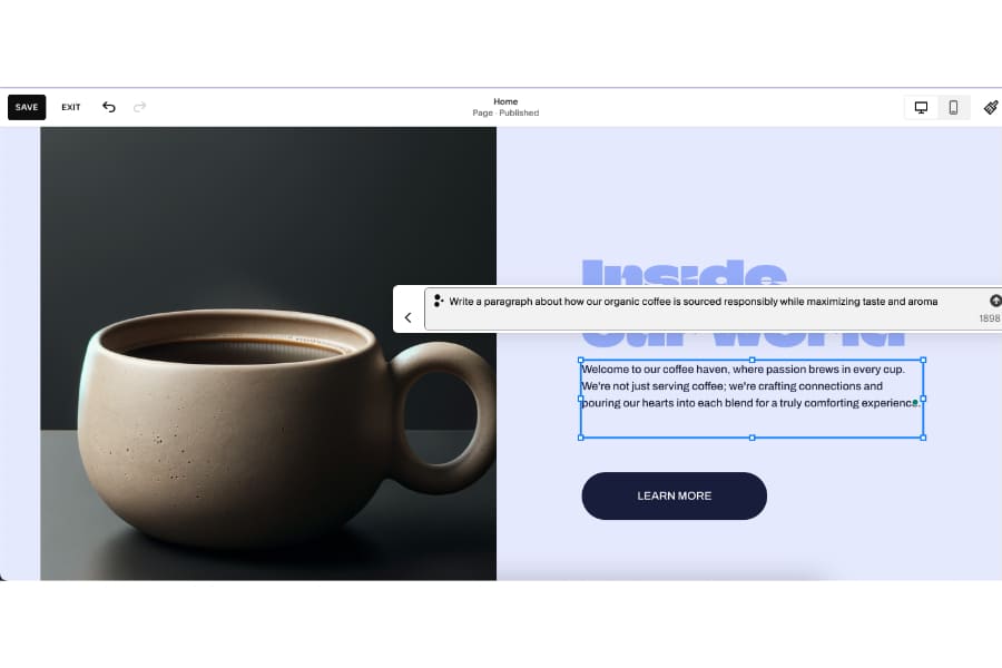 Squarespace's AI copywriter generating a new paragraph.