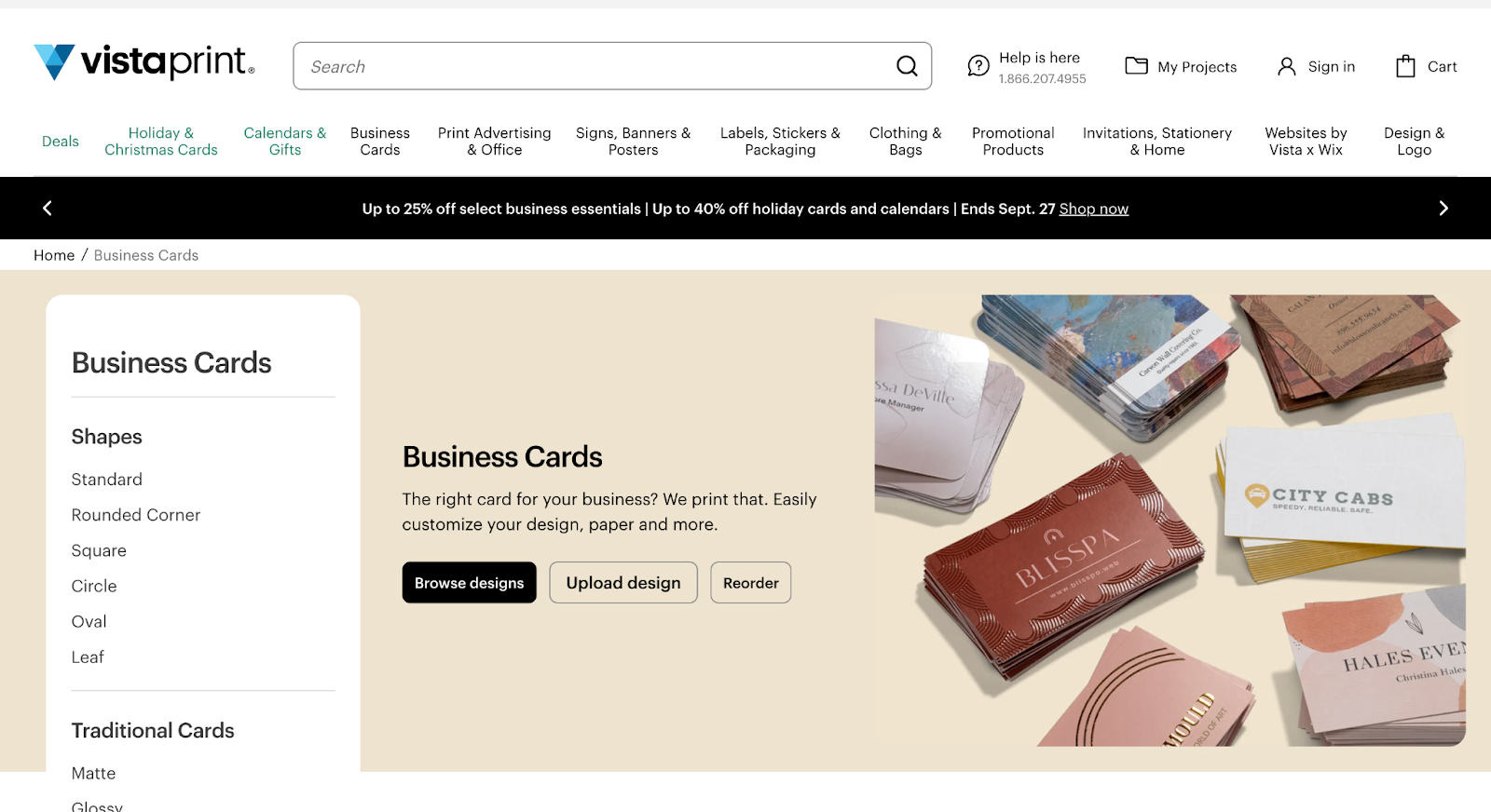 The business card page on VistaPrint's website.