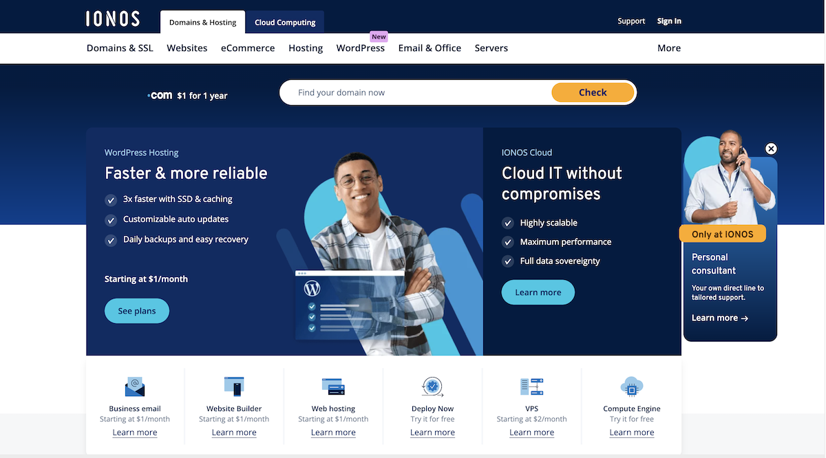 IONOS homepage with headlines "Fast more reliable" and "Cloud IT with Compromise" with young black man with glasses in hero image.