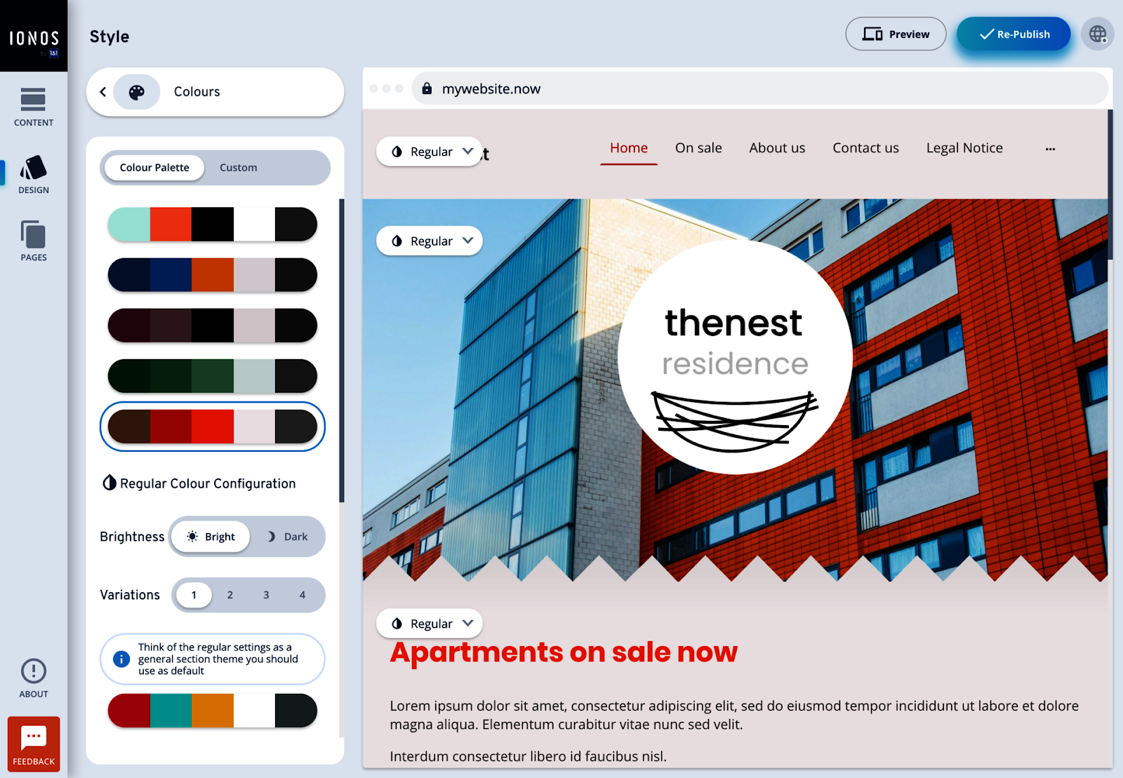 IONOS color selector with six suggested color palettes, brightness, and number of variations with the subject website on the right.