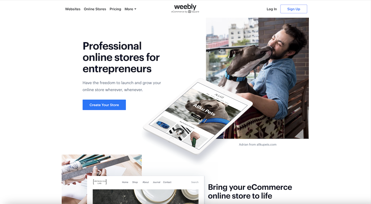 The Weebly web hosting site home page puts its ecommerce capabilities front and center.