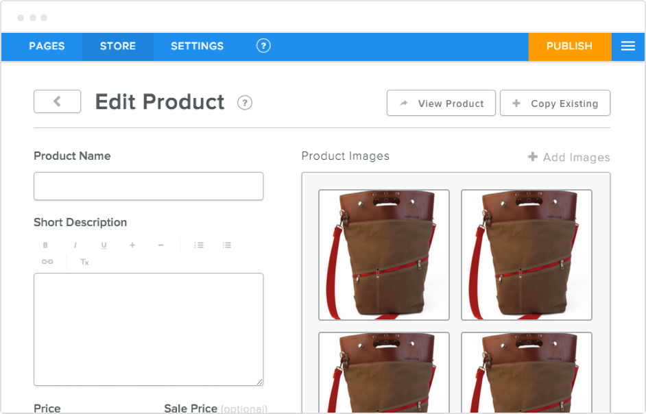 Weebly product catalog editor, with product detail bag showing several product photos for a hand bag, product name and description fields.