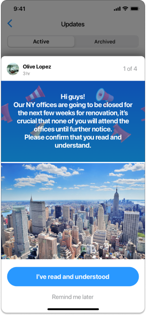 Connecteam's mobile app displays a pop-up window with a message notifying employees of closures to NY-based offices above a read confirmation button.