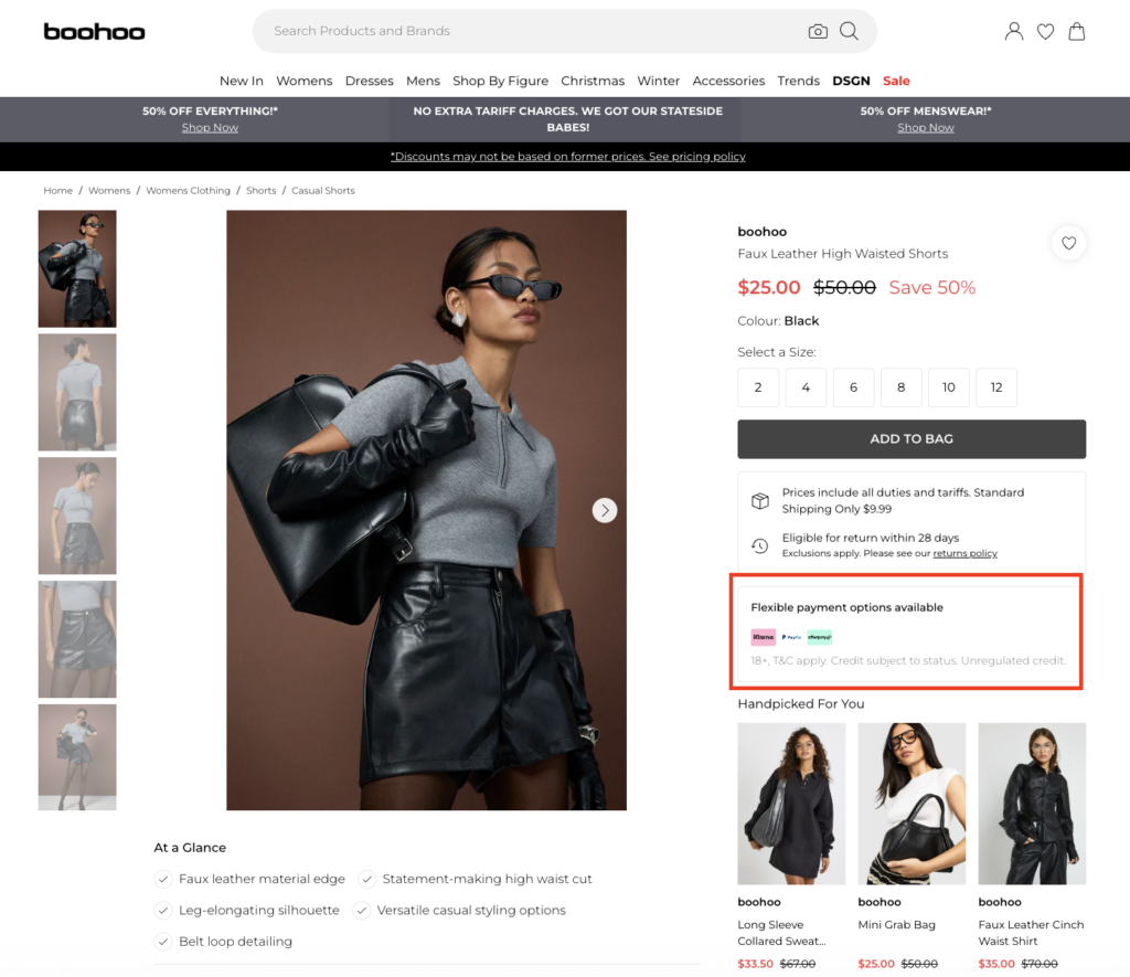 Boohoo’s product page for faux leather high-waisted shorts showing product images, pricing, and flexible payment options (Klarna, PayPal, Clearpay) displayed below the Add to Bag button.