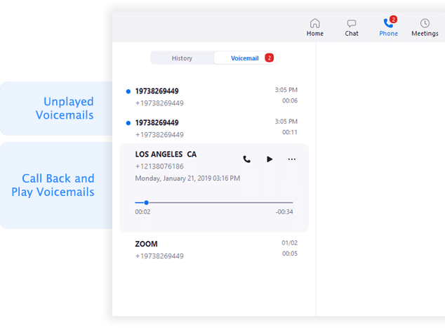 Zoom Phone voicemail interface showing a list of voicemails with playback, transcription, and call-back options.