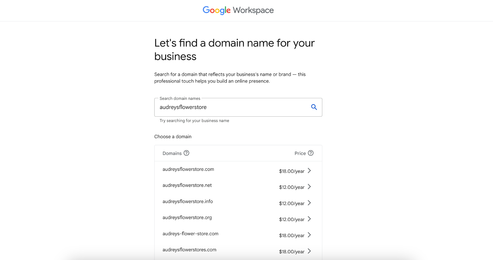 Sample available domain names from Google Workspace.