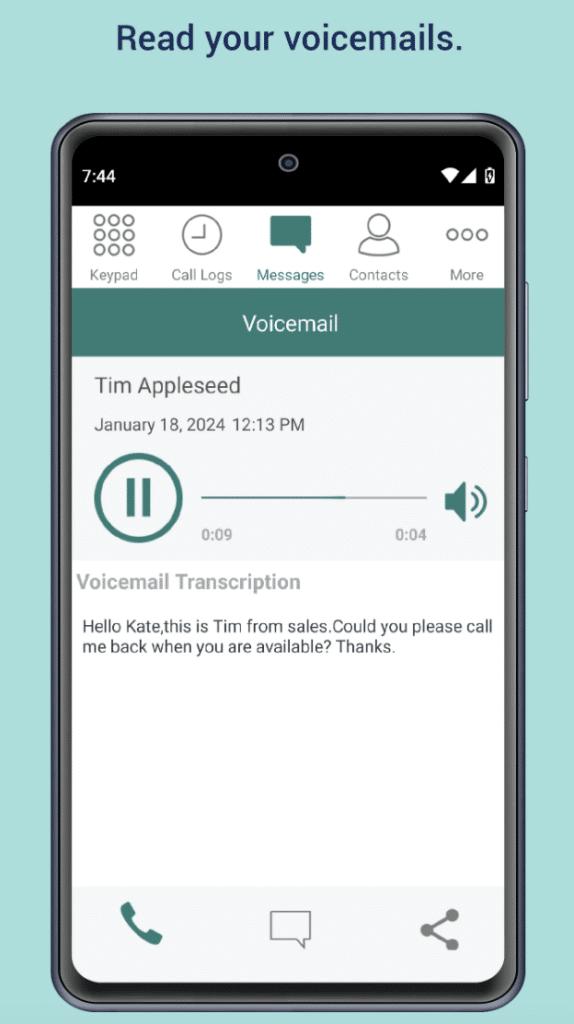 eVoice voicemail interface displaying a list of voicemail messages with transcription features and options to listen or delete messages.