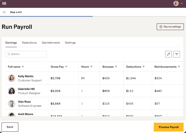 List of employees with their payroll details in Rippling.