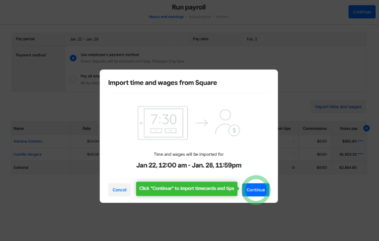 Square Payroll showing uploading of timecards.