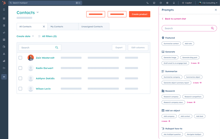 HubSpot CRM contact management system with Breeze Copilot AI prompts.