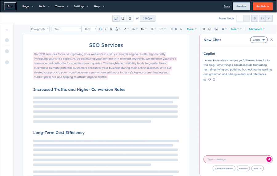 HubSpot CRM's SEO marketing content management system with Breeze Copilot AI prompt.