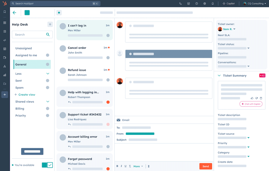 HubSpot CRM's help desk system with Breeze Copilot prompt for automatic ticket summary.