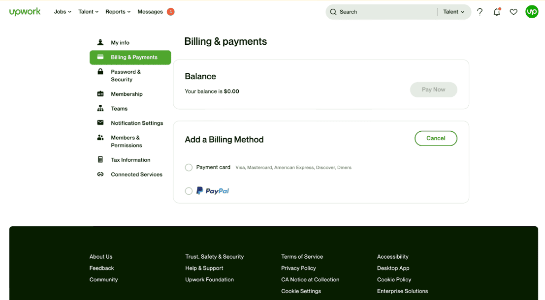 A billing and payments dashboard showing the balance and billed methods.