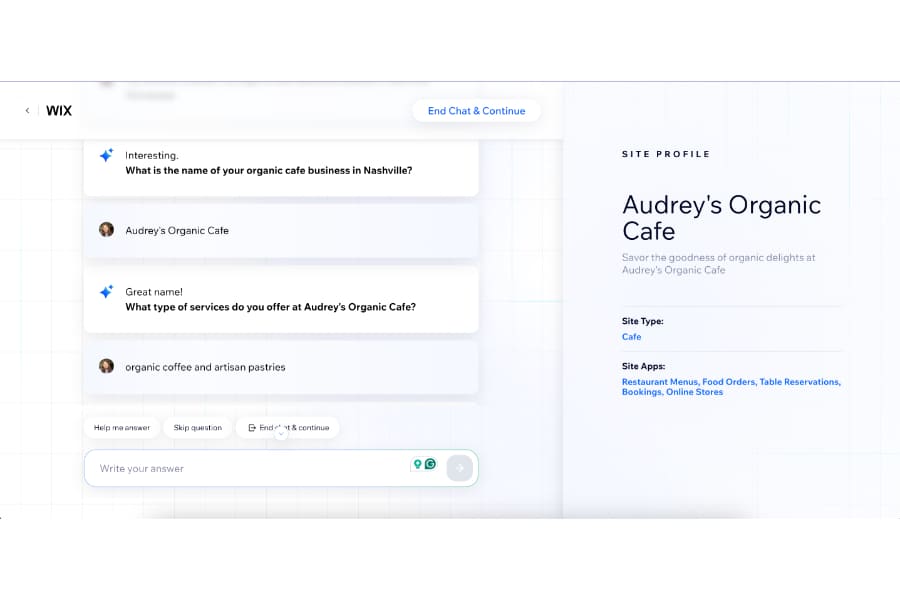 Wix's chatbot-style AI website builder asking questions about the website you need.