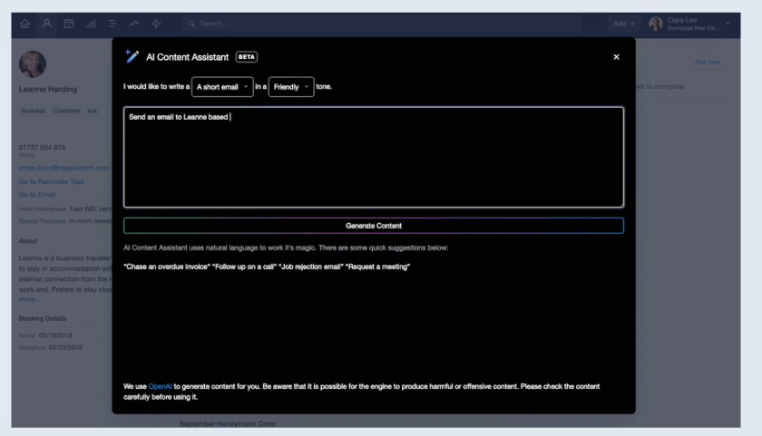 Capsule CRM's AI Content Assistant interface for generating emails.