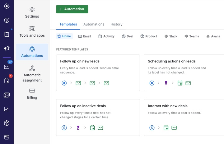 Pipedrive sales automation dashboard showing "Automations" section with featured templates for lead follow-up and deal management.