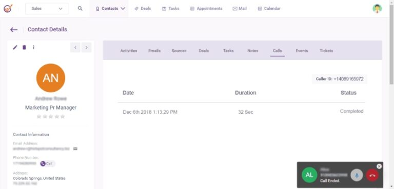 Screenshot of EngageBay CRM showing contact details highlighting the call recording feature for quality assurance and training purposes. 