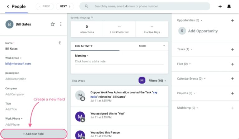 A screenshot of the Copper CRM contact dashboard, showing contact details and highlighting the "Add new field" option to create custom fields for data organization.