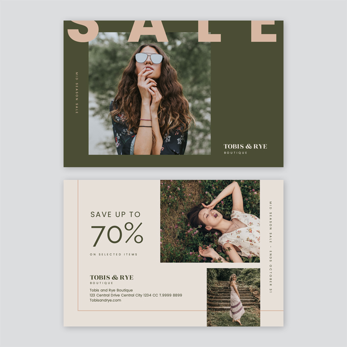 A sample postcard from a retail brand a 70% off sale announcement.