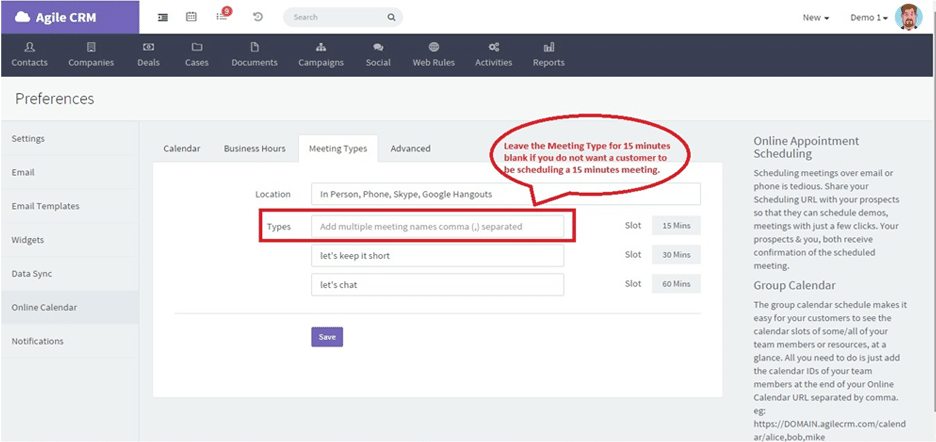 Agile CRM's online calendar showing meeting time duration controls that contacts can choose from on your online calendar.