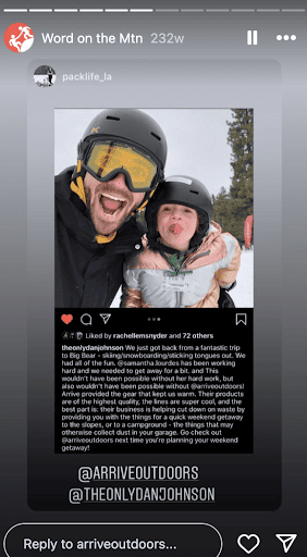 Instagram story featuring an Arrive Outdors testimonial