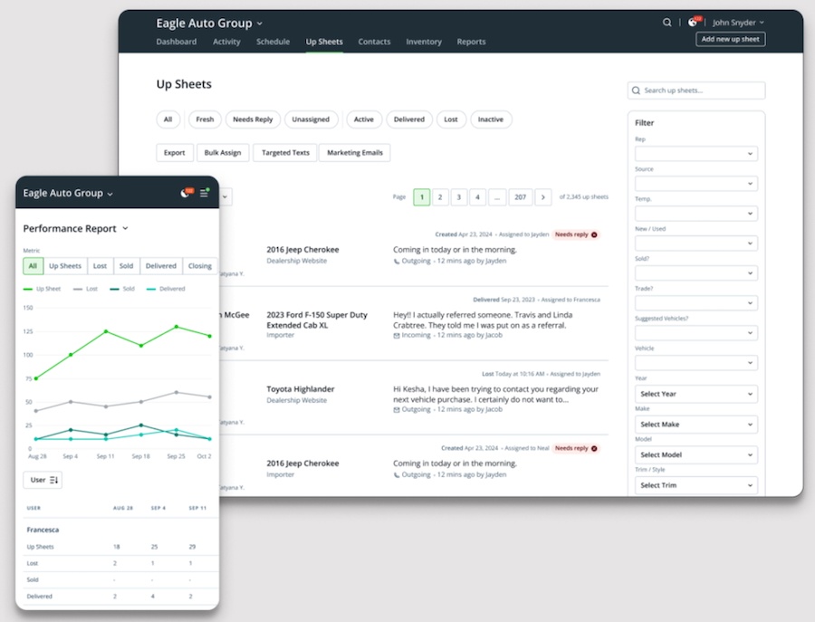 AutoRaptor's mobile app showing a sample performance report and a web app showing the Up Sheets tab.