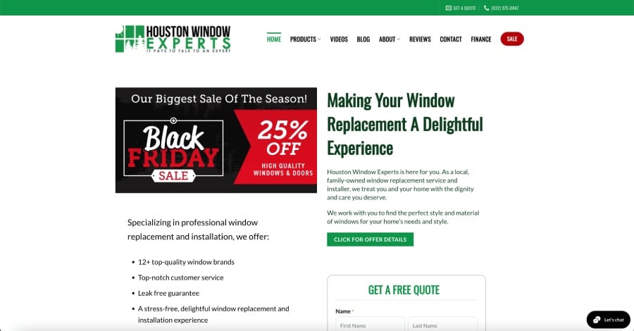 Website designed by Avalaunch Media for Houston Window Experts showing masthead for Black Friday sale. Headline is "Making Your Window Replacement A Delightful Experience".