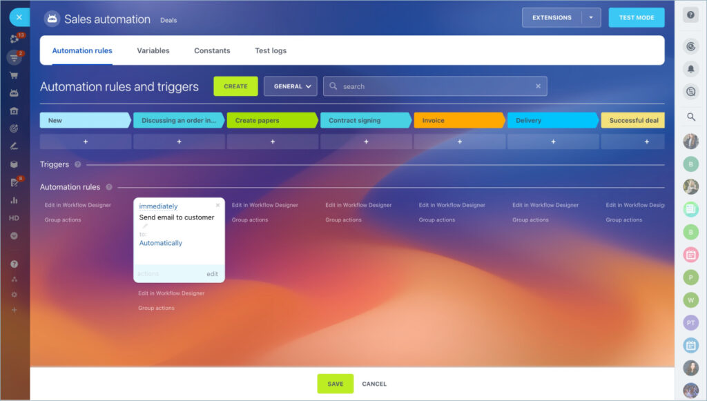 Bitrix24's sales automation board showing options to edit the workflow designer and group actions like sending emails.