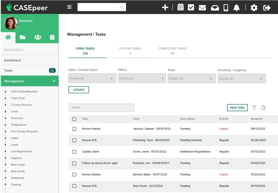 CASEPeer case management dashboard showing features or menu options, different tasks with statuses, and other case details.