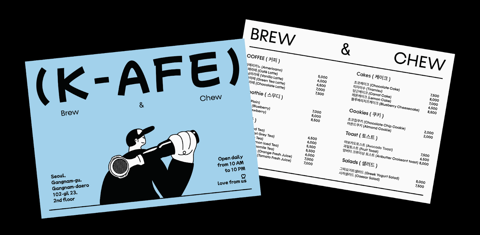 A sample postcard for a cafe that also displays its menu.