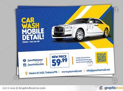 Sample postcard for a car wash with a blue and yellow color scheme.