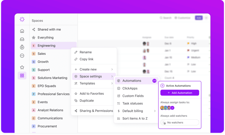 Navigating to ClickUp's active automation feature in the engineering dashboard.