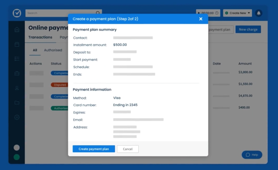 Clio's online payment creation popup showing payment plan summary and payment information.