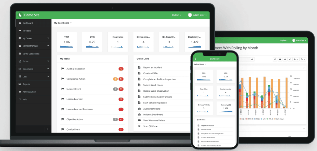 EHS Insight's main dashboard if accessed via computers and mobile devices.