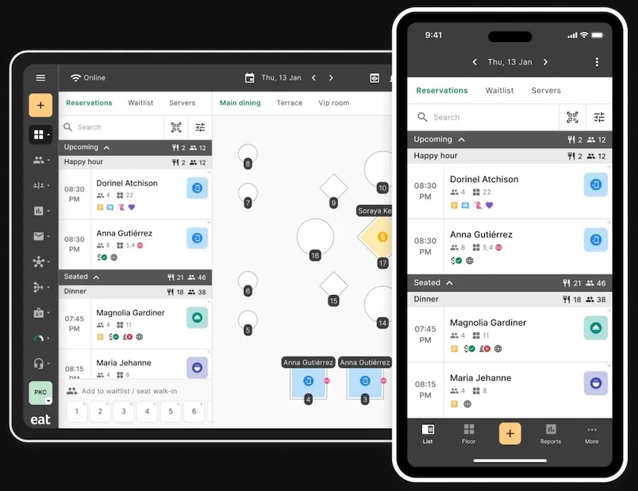 Eat App's web and mobile apps showing its reservation and table management system.