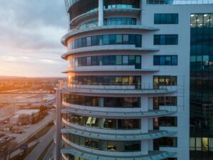 office building at night. Aerial drone view.