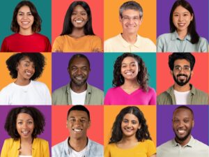 Diverse group of joyful individuals from various ethnicities, with beaming smiles