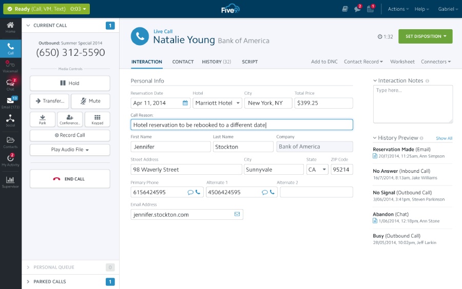 Five9 outbound contact center dashboard with customer data and call notes.