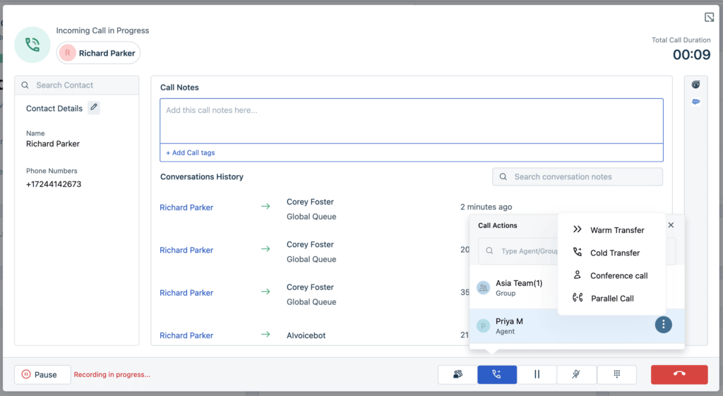 Call notes, actions, and conversation history in the Freshcaller dashboard.