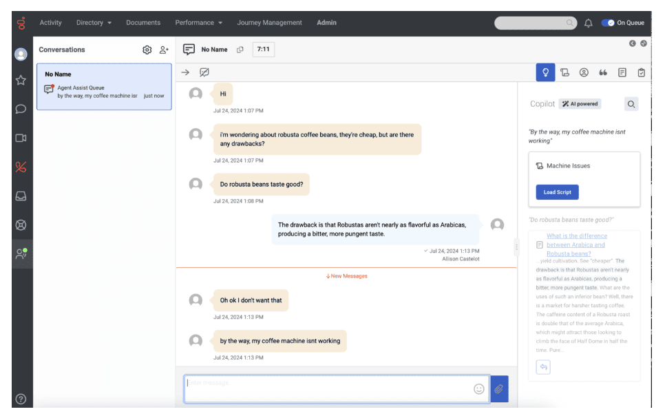 Genesys Cloud CX customer conversation with Agent Copilot assistance, analyzing the interaction.