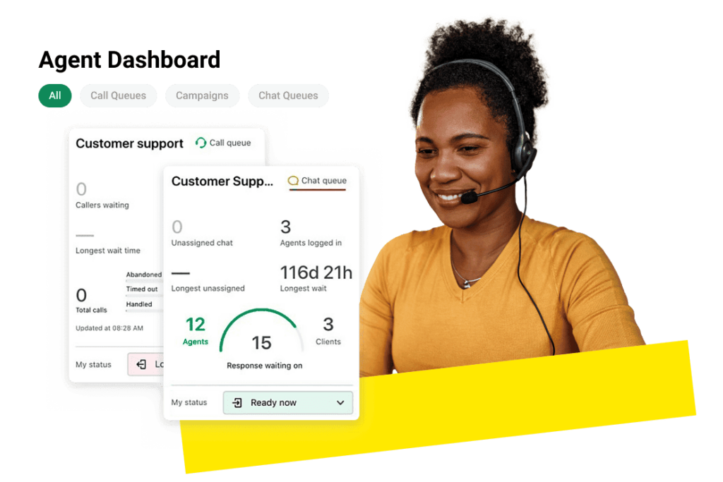 Customer service agent using the GoTo Connect agent dashboard to view call metrics.